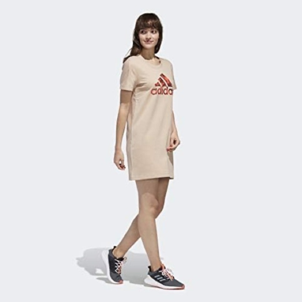 ADIDAS | x Zoe Saldana Pattern T-Shirt Dress Size Medium Tan / Neon Red